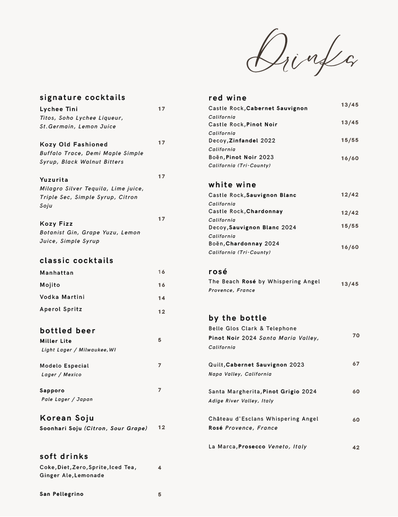 KOZY menu