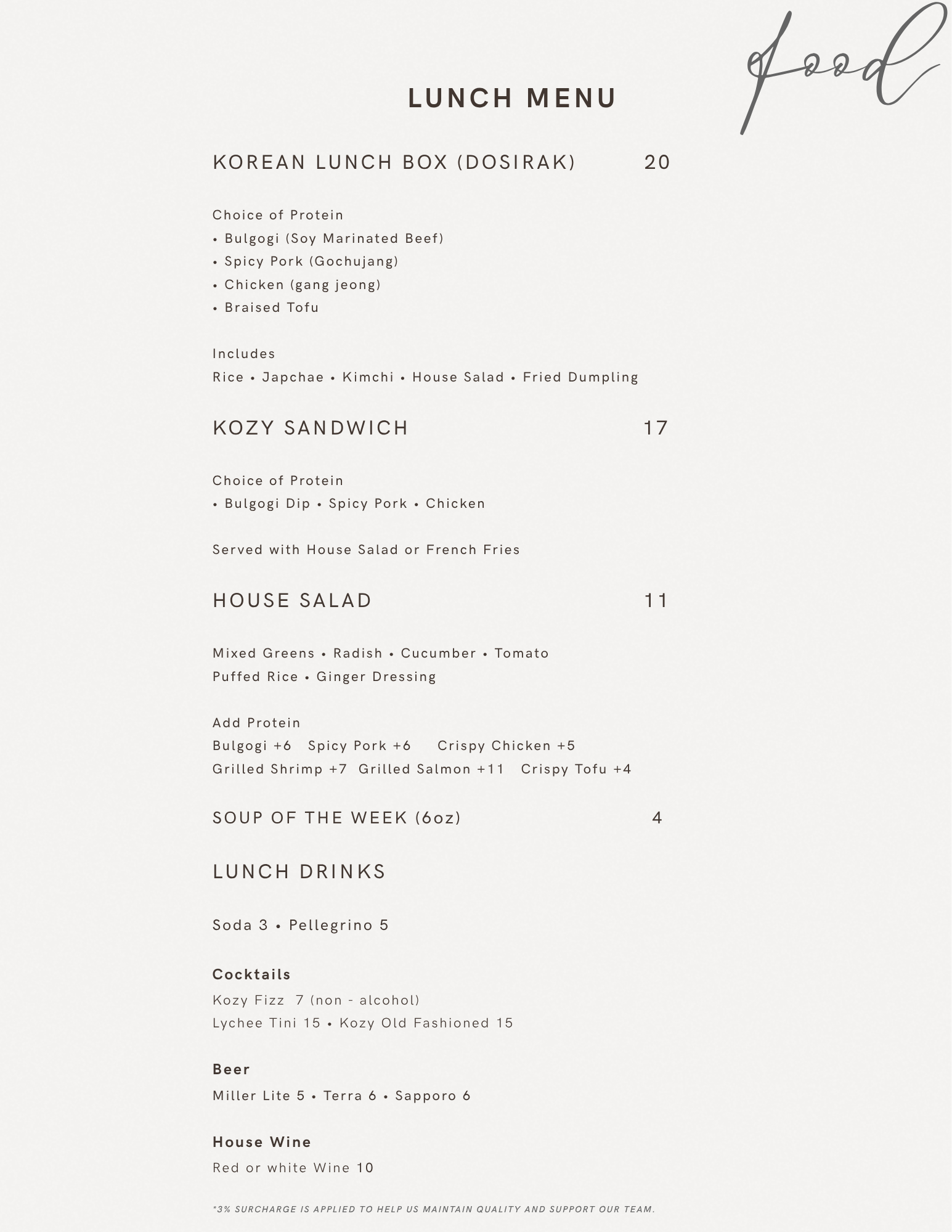 KOZY menu